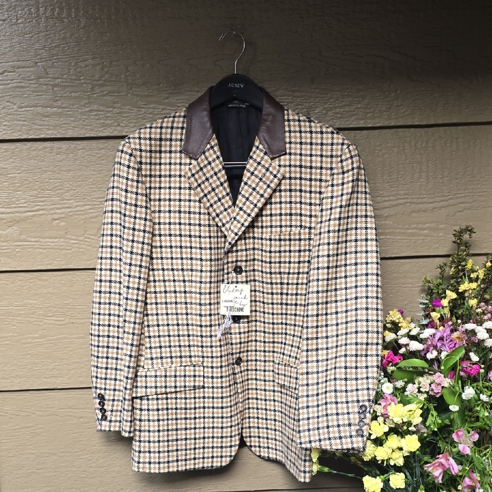 Moschino Cheap and Chic Wool Plaid Leather Collar Blazer Mens 48 - Picture 2 of 12